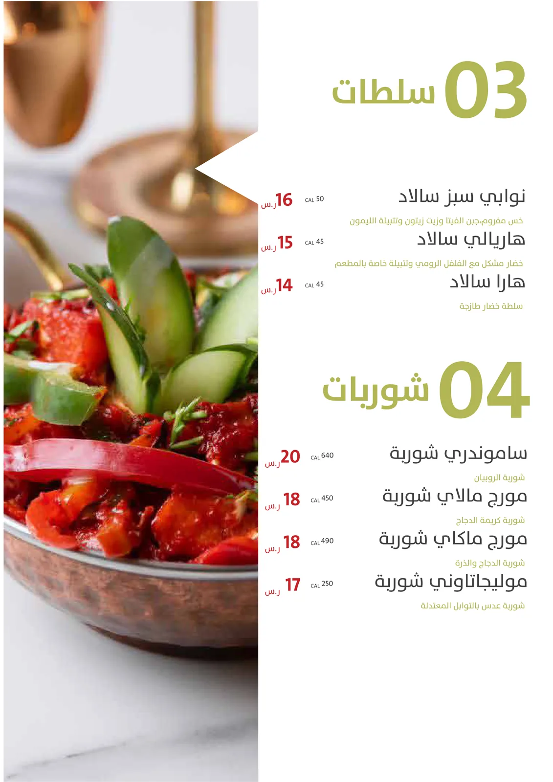 صفحة قائمة طعام لأقسام السلطات والشوربات إلى جانب صورة طبق ممتدة.