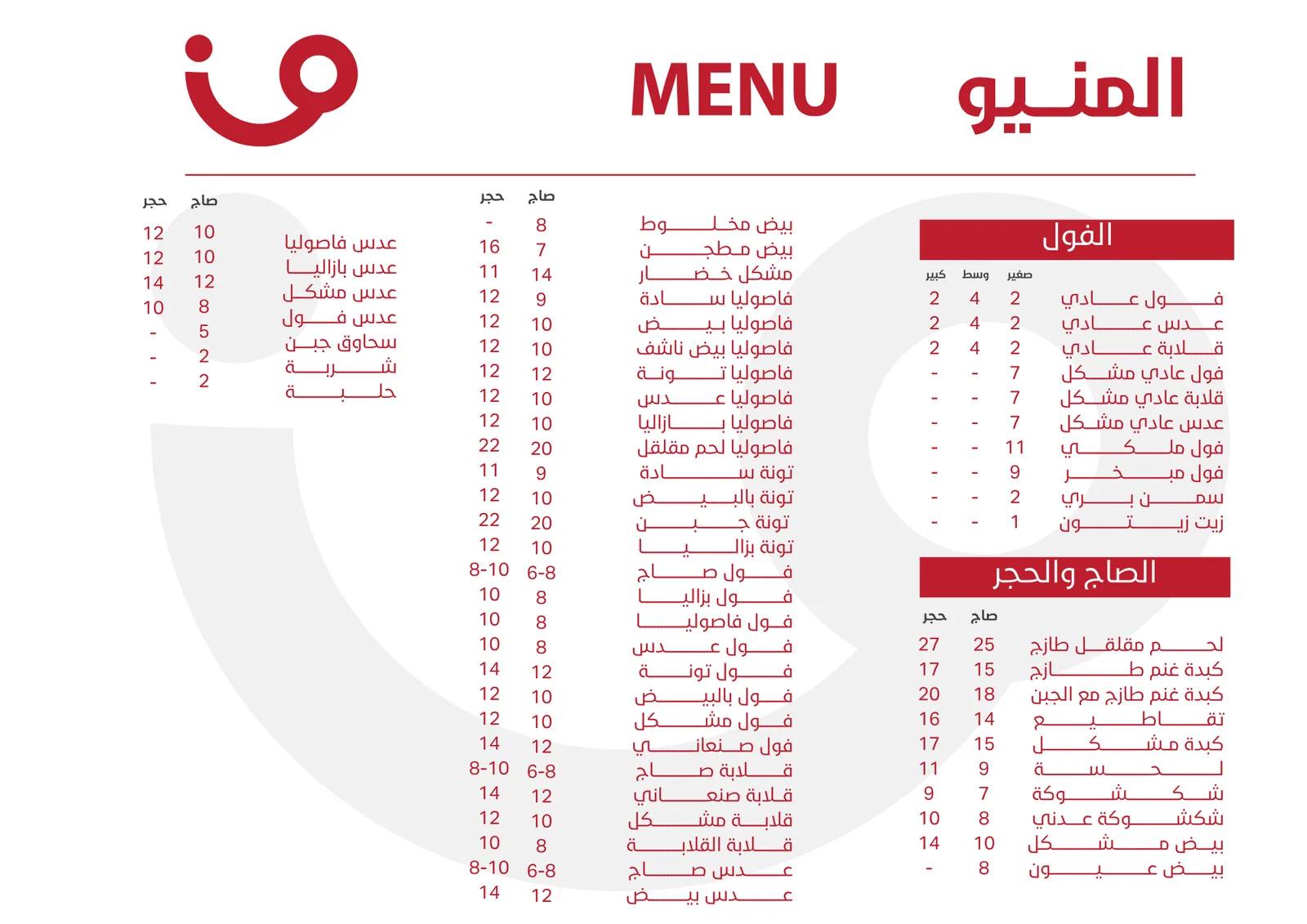 صفحة قائمة بالأحمر والأبيض لأصناف الفول والفاصوليا والتونة.