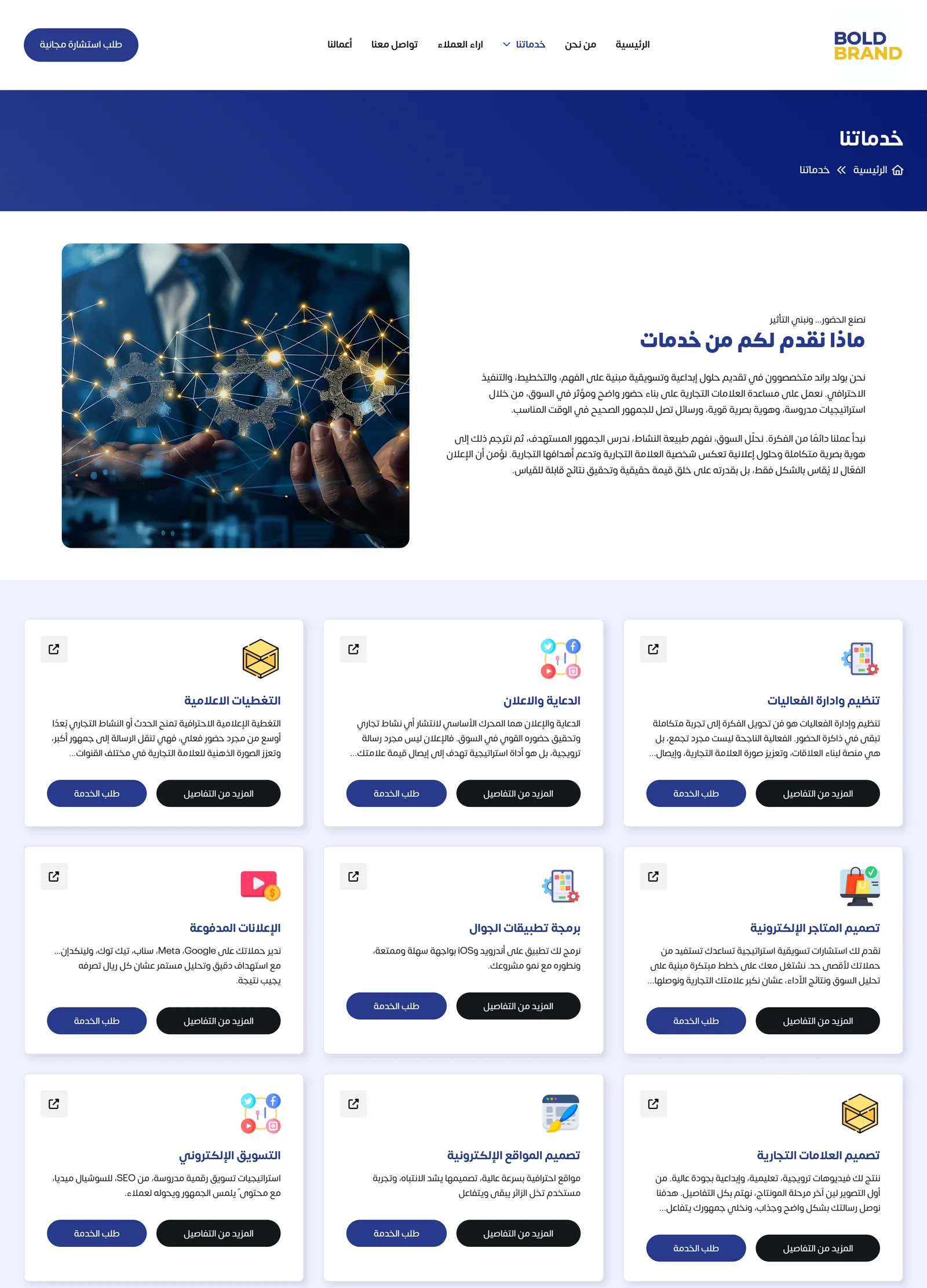 صفحة الخدمات: ترويسة «خدماتنا» ثم نصّ تعريفي بجانب صورة، تليه شبكة من تسع بطاقات خدمة — من التغطيات الإعلامية إلى تصميم العلامات التجارية — كلٌّ بأيقونة ووصف وزرَّي «طلب الخدمة» و«المزيد من التفاصيل».