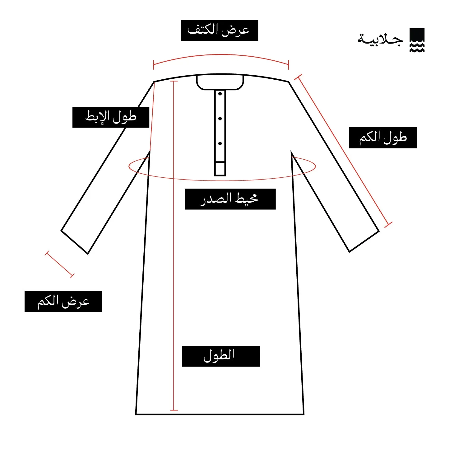 Thobe measurement diagram as a technical line drawing with Arabic callouts for shoulder, length, and sleeve.